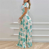 Sexy Commuter V-Neck Neck Waist Print Swing Dress
