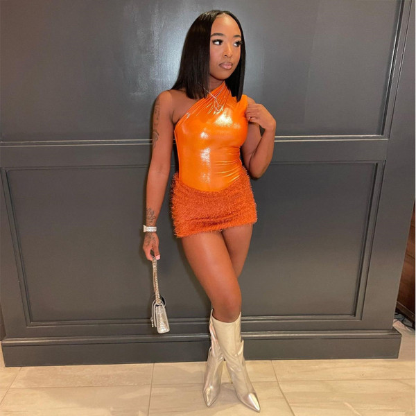 Women's Sexy Slim Pack Hip Bright Leather Tassel Dress Suit