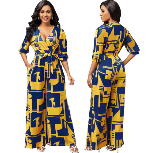 Sexy Fashion Digital Print V-Neck Women's Jumpsuit