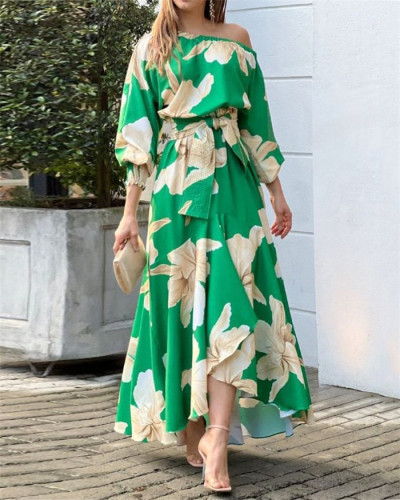 Printed Loose Plus Size Panel Balloon Sleeve Long Sleeve High Waist Dress