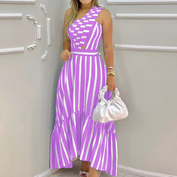 Women's fashion design slanted shoulder stitching personality hollow swing dress