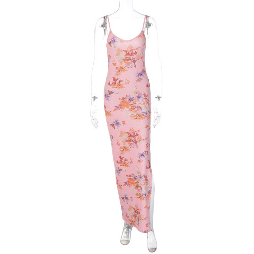 Sexy Sling Print Long Skirt Slit Slim Fit Dress
