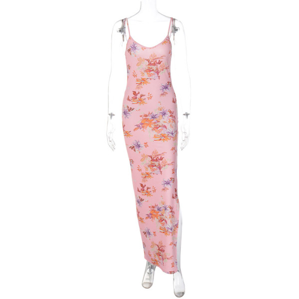 Sexy Sling Print Long Skirt Slit Slim Fit Dress