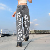 Retro street five-pointed star print distressed washed jeans