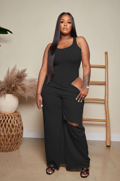 Cute jumpsuit + ripped wide-leg pants two-piece set