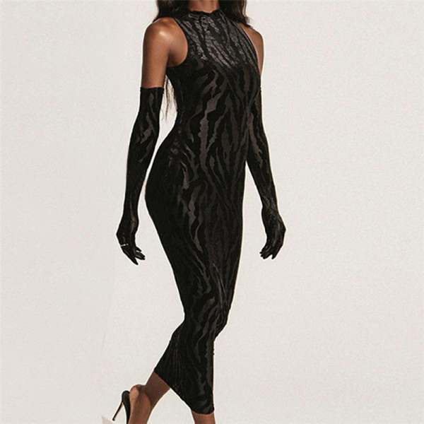 Fashion Sexy Hot Girl Sleeveless Round Neck Gloves Slim Hip Dress