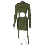 Ripped Long Sleeve Top Slim Fit Short Skirt Set