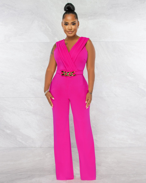 Sexy fashion solid color V-neck white-collar women's jumpsuit