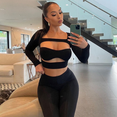Solid Color Long Sleeve Hollow Slim Fit Hip Lift Sports Fitness Suit