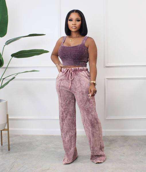 Loose Printed Elasticized High Waist Pocket Casual Wide Leg Pants A89020