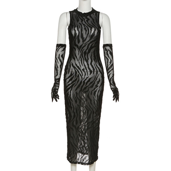 Fashion Sexy Hot Girl Sleeveless Round Neck Gloves Slim Hip Dress