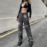 Star patch stitching straight jeans high waist trend handsome gray black slim trousers