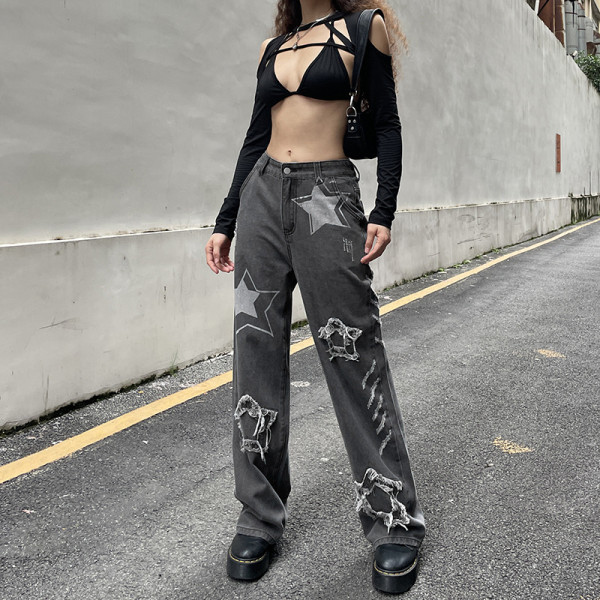 Star patch stitching straight jeans high waist trend handsome gray black slim trousers