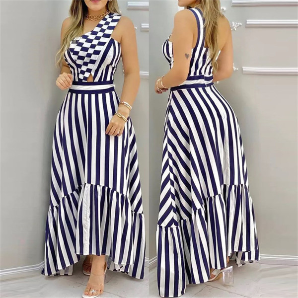 Women's fashion design slanted shoulder stitching personality hollow swing dress