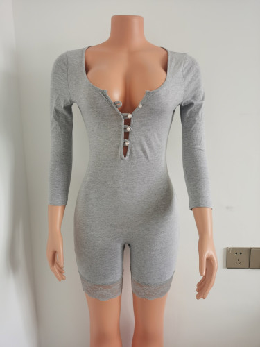 Long Sleeve Women's Jumpsuit Cotton Lace Leg Jumpsuit