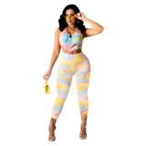 Sexy Chest Ring Cutout Print Jumpsuit