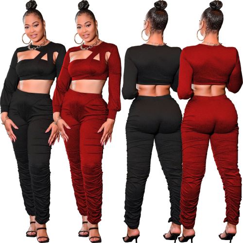 Fashion hollow pleated sexy long sleeve suit