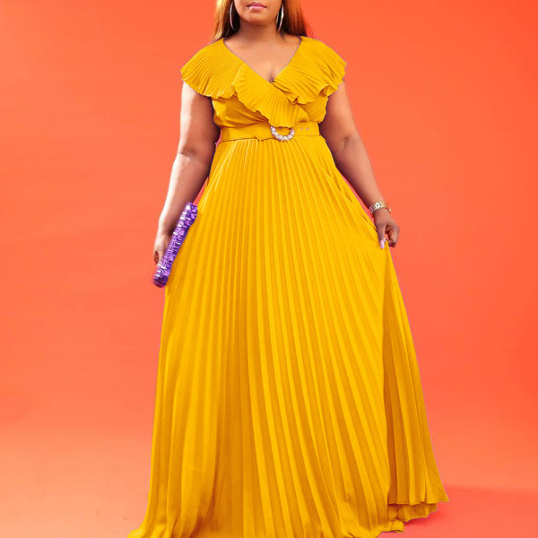 Belted women's fashion sexy ruffled pleated maxi skirt