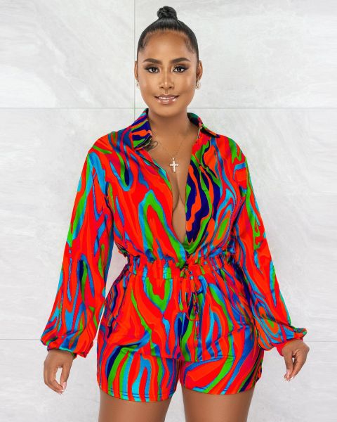 Autumn/Winter Fashion Print Shirt Collar Casual Jumpsuit