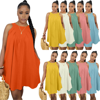 Solid Color Sleeveless Cotton Loose Dress with Pockets