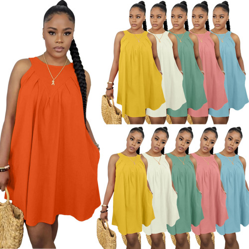Solid Color Sleeveless Cotton Loose Dress with Pockets