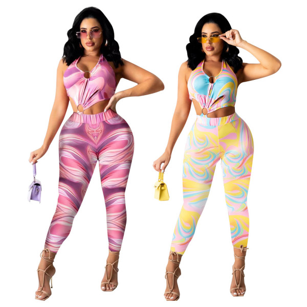 Sexy Chest Ring Cutout Print Jumpsuit