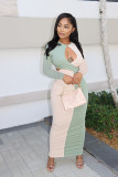 Autumn and winter color-blocking ribbed cutout waist sexy long dress