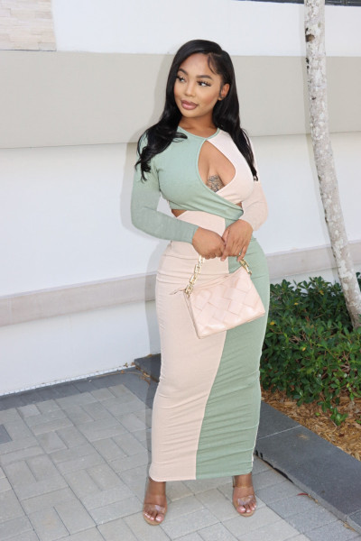 Autumn and winter color-blocking ribbed cutout waist sexy long dress