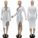 Autumn Solid Color Sexy Dress V-Neck Slit Pleated Dress