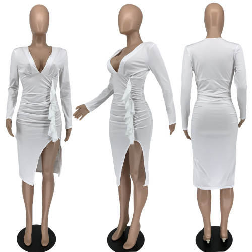 Autumn Solid Color Sexy Dress V-Neck Slit Pleated Dress