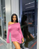 Pleated Slit Irregular Hem Flared Sleeves Sexy One-Line Neck Dress