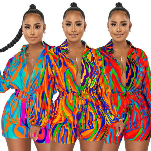 Autumn/Winter Fashion Print Shirt Collar Casual Jumpsuit