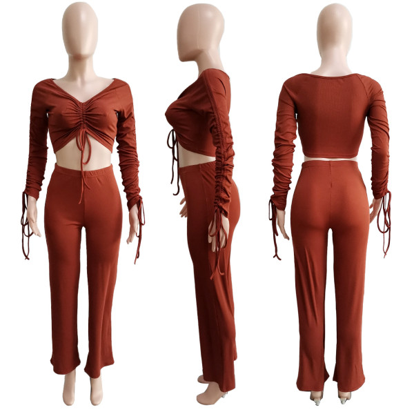 Autumn and winter ribbed pleated sexy short top and trousers two-piece set