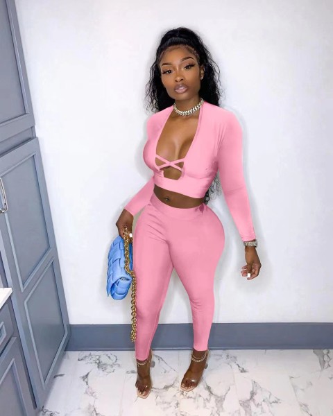 Women's Solid Color Sexy Cross Cutout Two Piece Suit