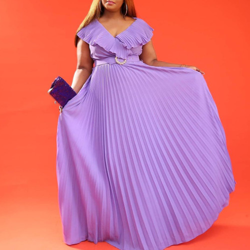 Belted women's fashion sexy ruffled pleated maxi skirt