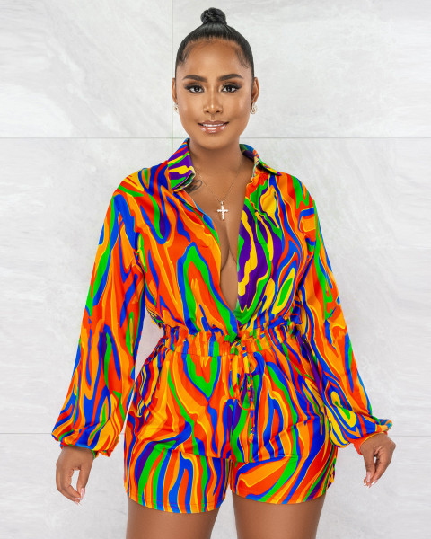 Autumn/Winter Fashion Print Shirt Collar Casual Jumpsuit