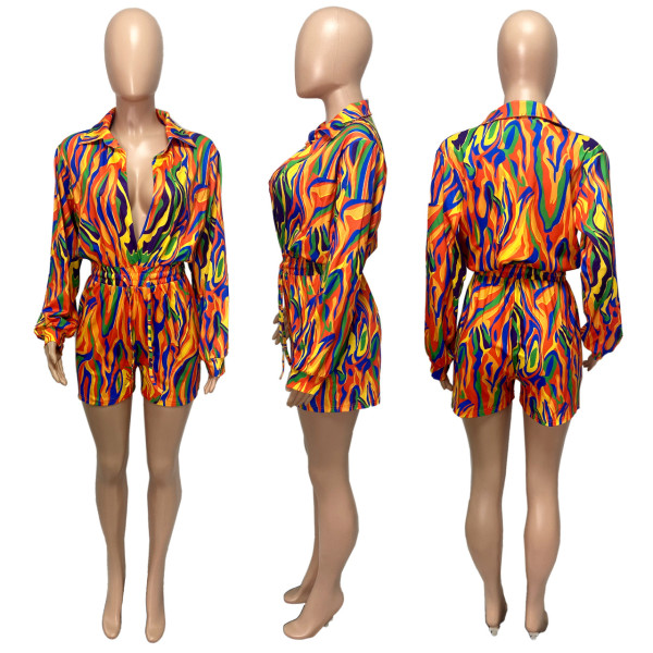 Autumn/Winter Fashion Print Shirt Collar Casual Jumpsuit