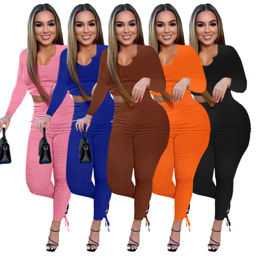 Autumn and winter fashion U-neck long-sleeved trousers pleated casual suit