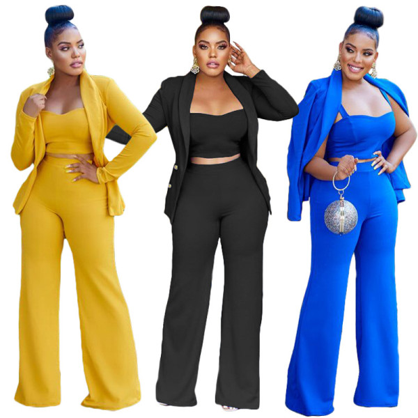 Three-piece suit jacket, vest, wide-leg trousers
