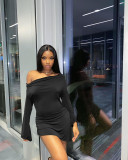 Pleated Slit Irregular Hem Flared Sleeves Sexy One-Line Neck Dress
