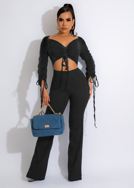Autumn and winter ribbed pleated sexy short top and trousers two-piece set