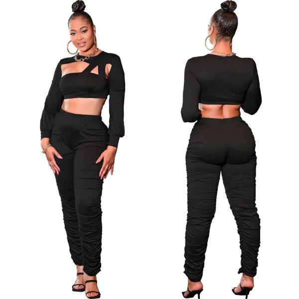 Fashion hollow pleated sexy long sleeve suit