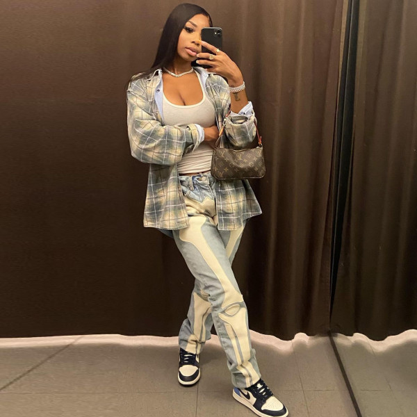 Embroidered Mid-Rise Straight Street Sexy Jeans