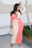 Autumn and winter color-blocking ribbed cutout waist sexy long dress