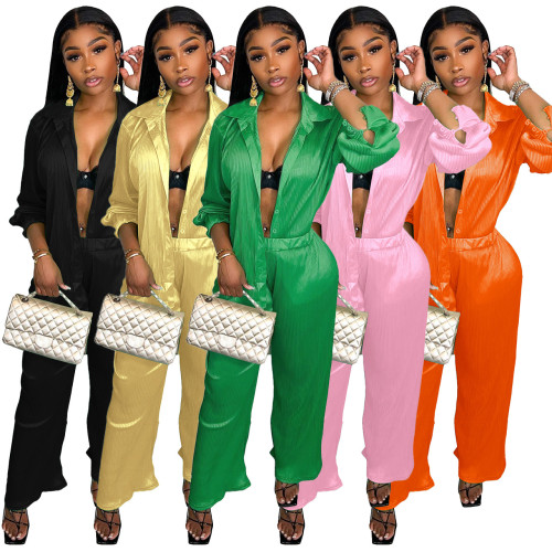 Shirt Cardigan Pleated Wide Leg Lounge Suit