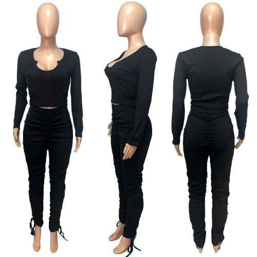 Autumn and winter fashion U-neck long-sleeved trousers pleated casual suit
