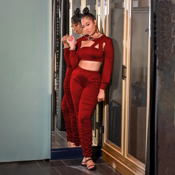 Fashion hollow pleated sexy long sleeve suit