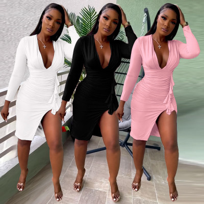 Autumn Solid Color Sexy Dress V-Neck Slit Pleated Dress