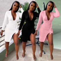 Autumn Solid Color Sexy Dress V-Neck Slit Pleated Dress Autumn Solid Color Sexy Dress V-Neck Slit Pleated Dress