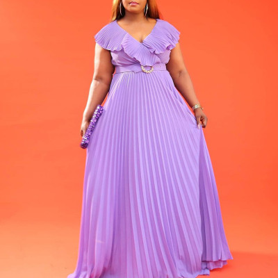 Belted women's fashion sexy ruffled pleated maxi skirt